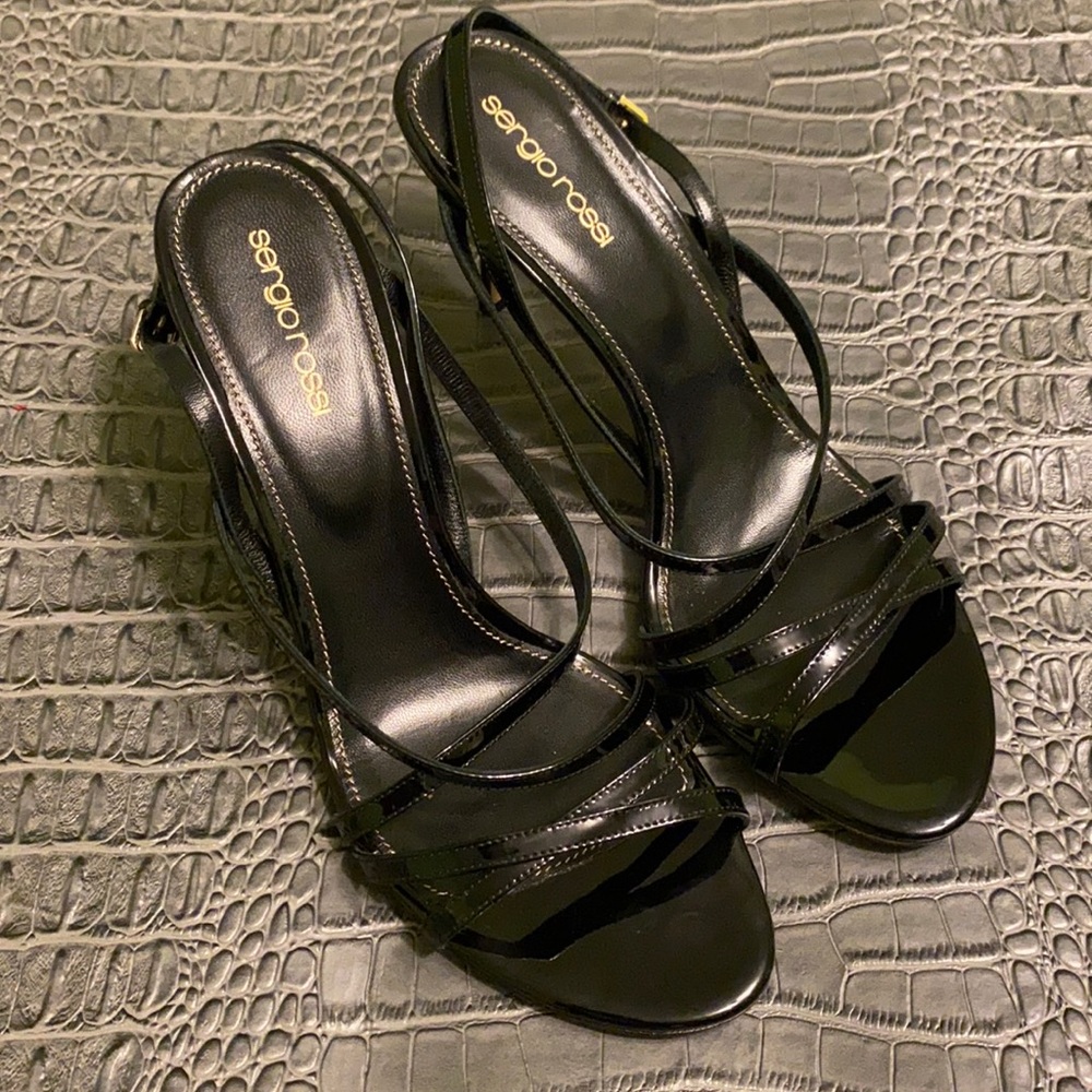 Sergio Rossi Black Patent Leather, Sling-Back Sandal
